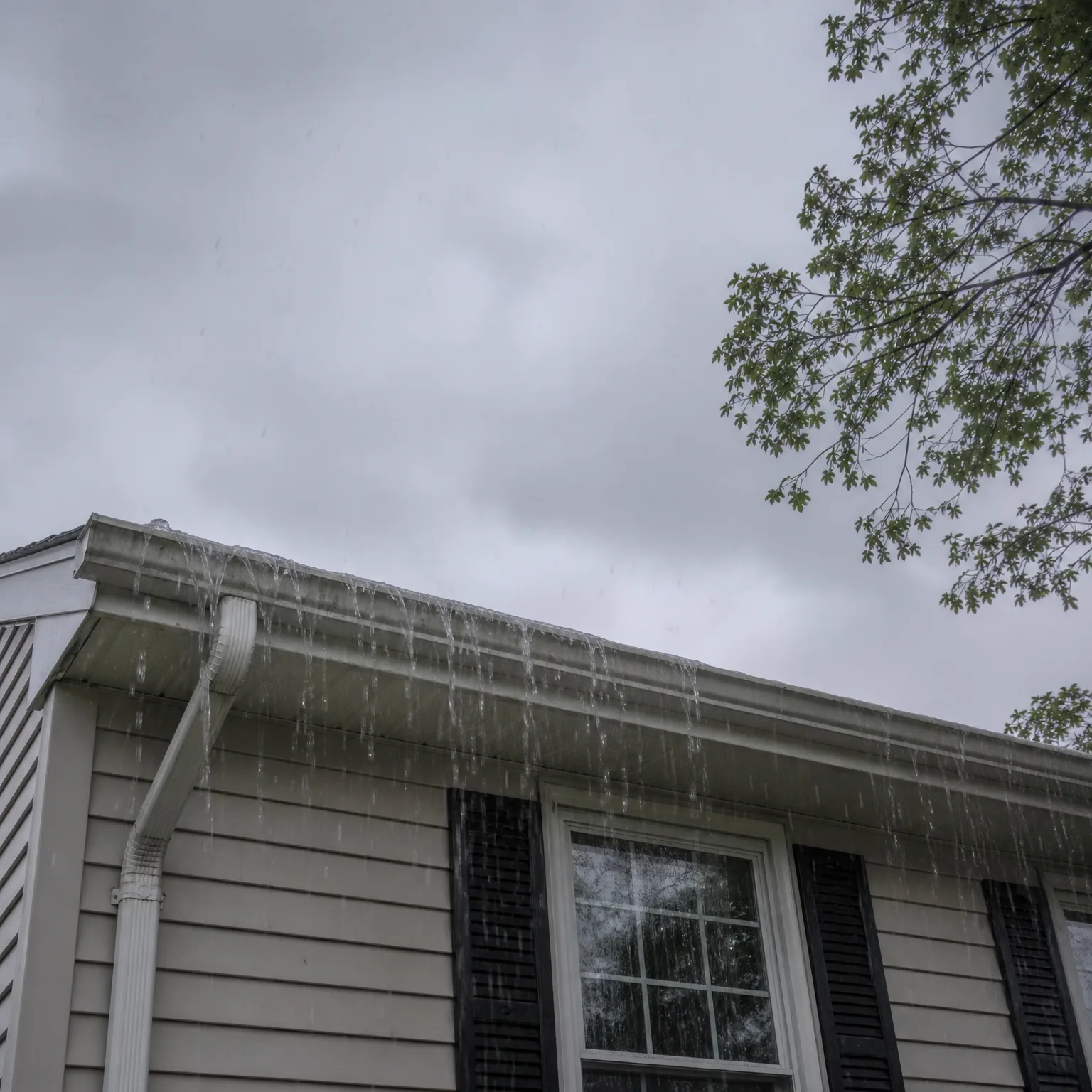 Water overflows from the gutter along the roof edge of a house with light horizontal siding, black shutters and a white-framed window, under a grey overcast sky with a leafy tree branch at upper right.