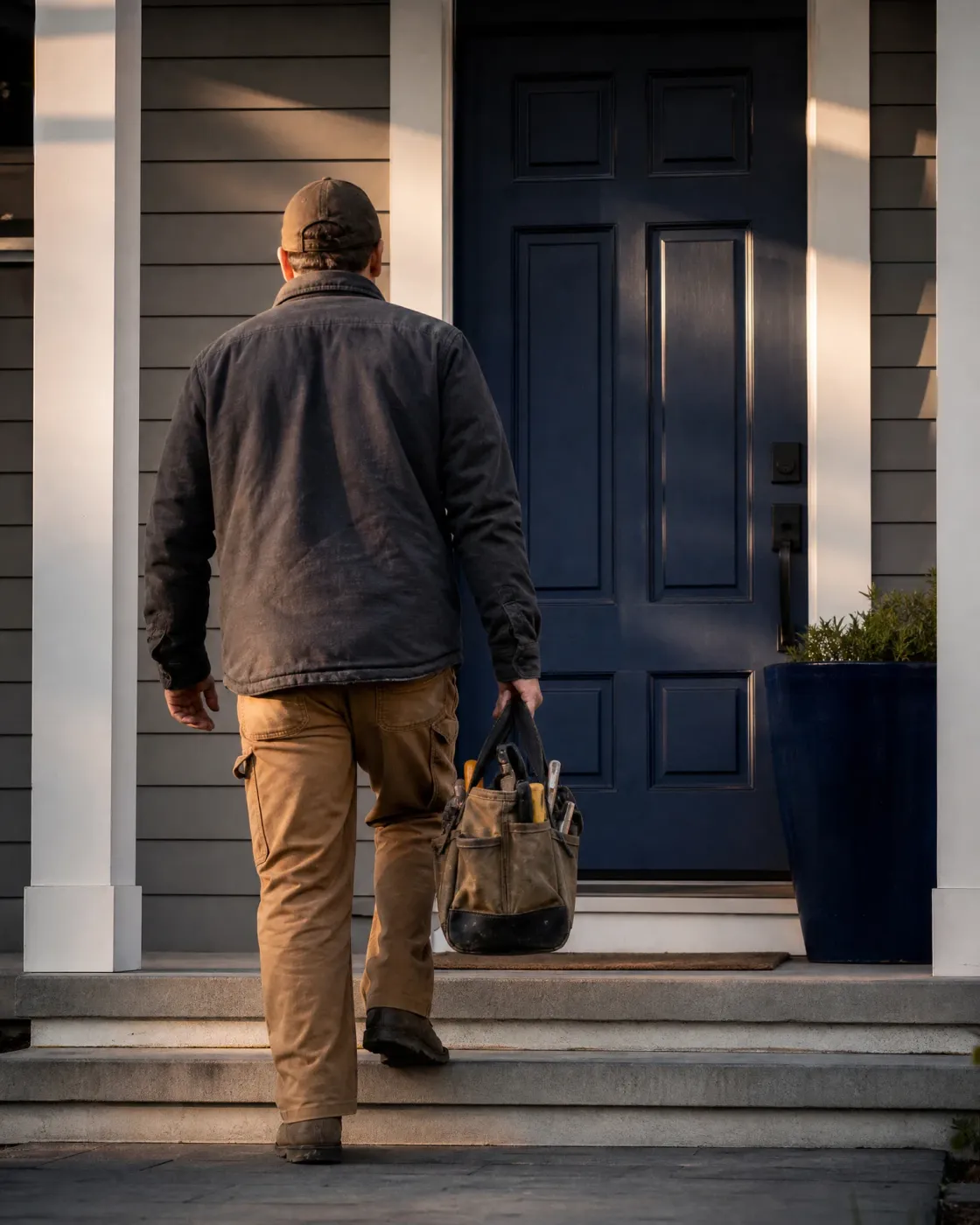 A man in a cap, dark jacket and tan work pants walks up concrete steps toward a dark blue front door, carrying a canvas tool bag at his side.