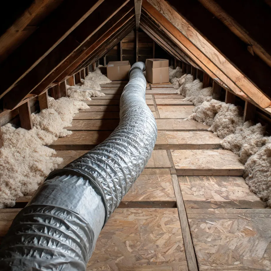 Interior of an unfinished attic with wooden rafters, an OSB-boarded walkway flanked by loose fibrous insulation between joists, a large insulated flexible duct running along the floor, and two cardboard boxes at the far end.