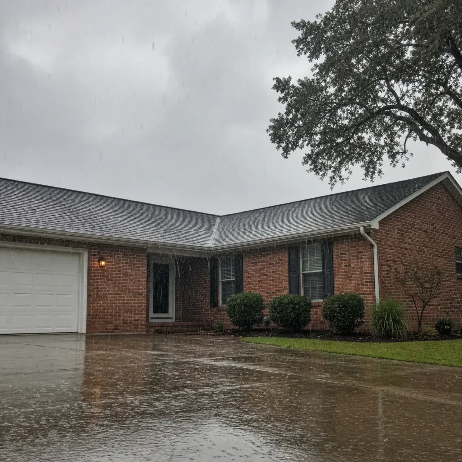 A single-story red brick house with a gray shingled roof, white attached garage door, shuttered windows and low shrubs, photographed during rain with a wet concrete driveway in the foreground and an overcast sky with a large tree at upper right.