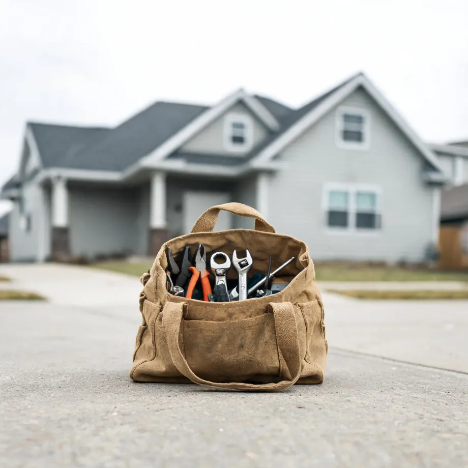 A tan canvas tool bag holding wrenches, pliers and screwdrivers sits on a concrete driveway in front of a blurred light gray gabled house.