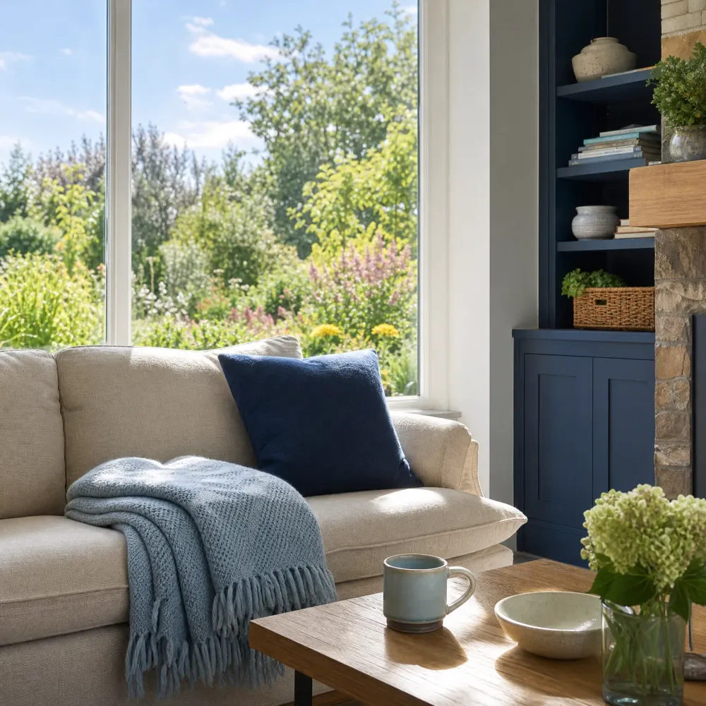 A beige sofa with a navy cushion and light blue knit throw sits beside a large window overlooking a green garden, with a wooden coffee table holding a mug, bowl and vase of flowers, and navy built-in shelving with stone wall at right.