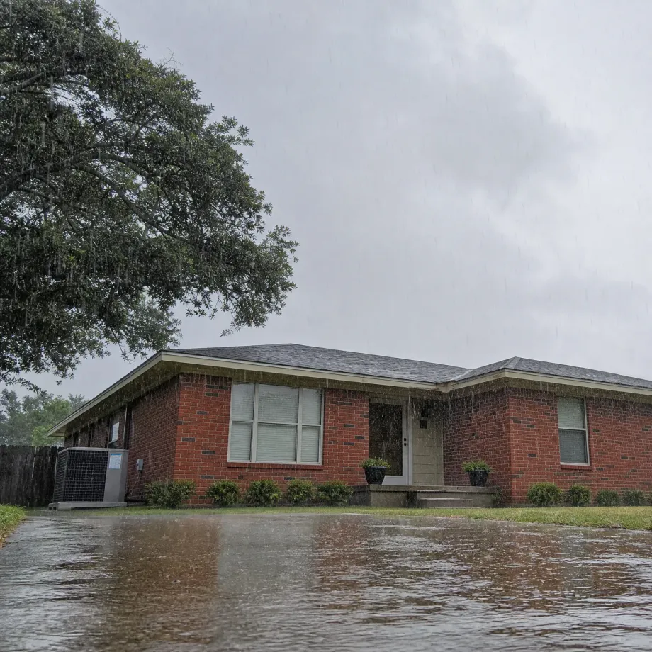 A single-story red brick house with a shingled roof during heavy rain, with a flooded driveway in the foreground, an air conditioning unit and wooden fence at left, and a large tree overhanging from the upper left under an overcast sky.