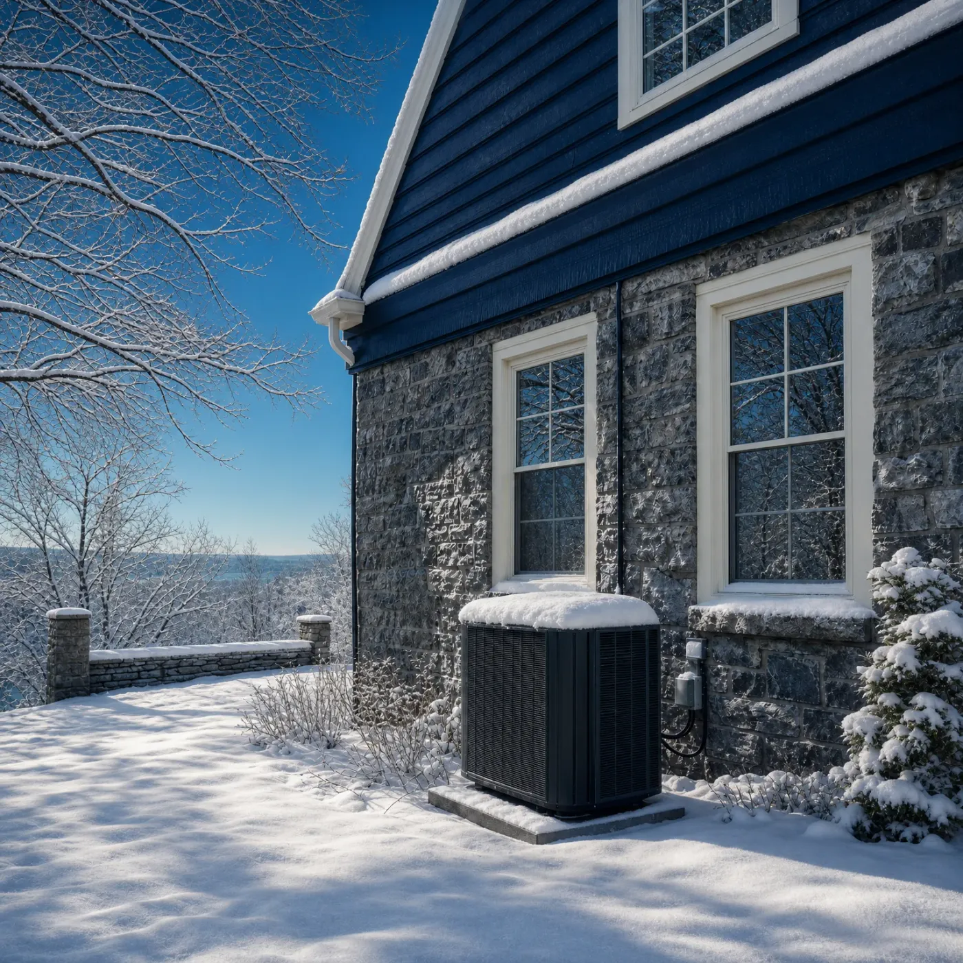 A snow-covered outdoor air conditioner condenser unit on a concrete pad beside a stone-walled house with navy siding and white-trimmed windows, under a clear blue sky in winter.