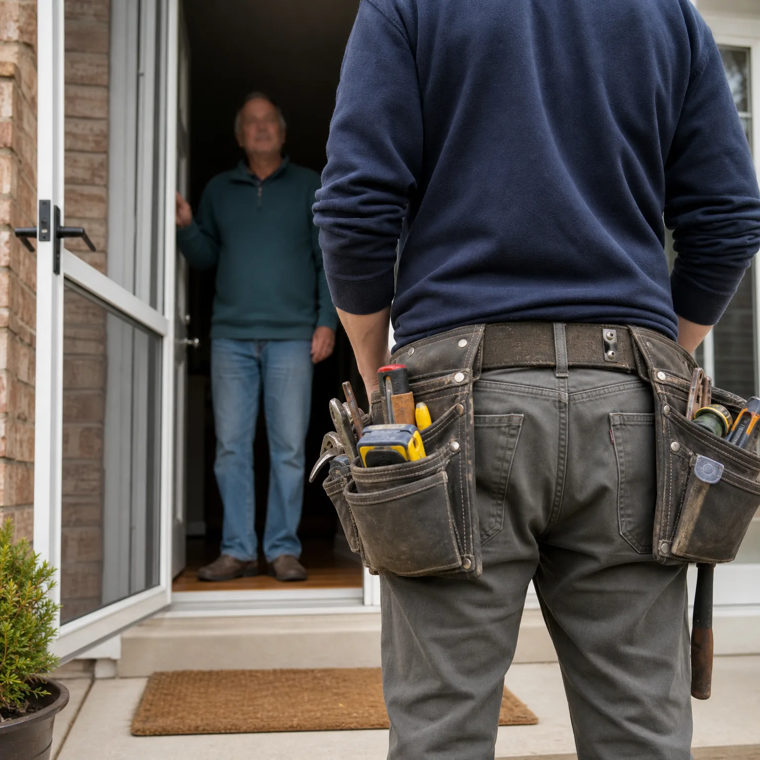 A person seen from behind wearing a navy sweatshirt and a leather tool belt with screwdrivers, a tape measure and a hammer stands at an open front door where an older man in a teal pullover and jeans is standing inside.