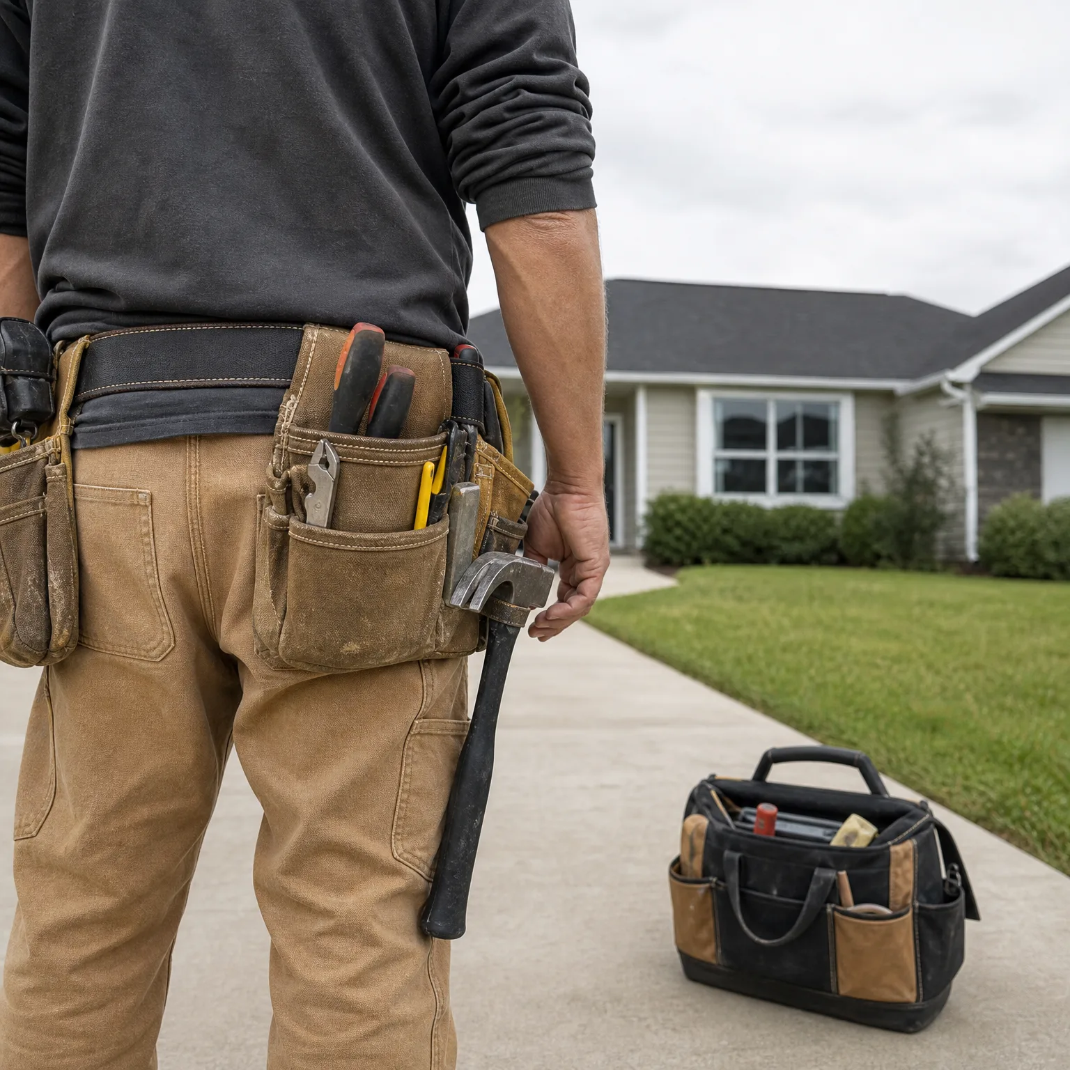 A person in a dark long-sleeved shirt and tan work pants with a loaded tool belt holds a hammer while standing on a concrete driveway, with a black and tan tool bag on the ground and a single-story house with a lawn in the background.