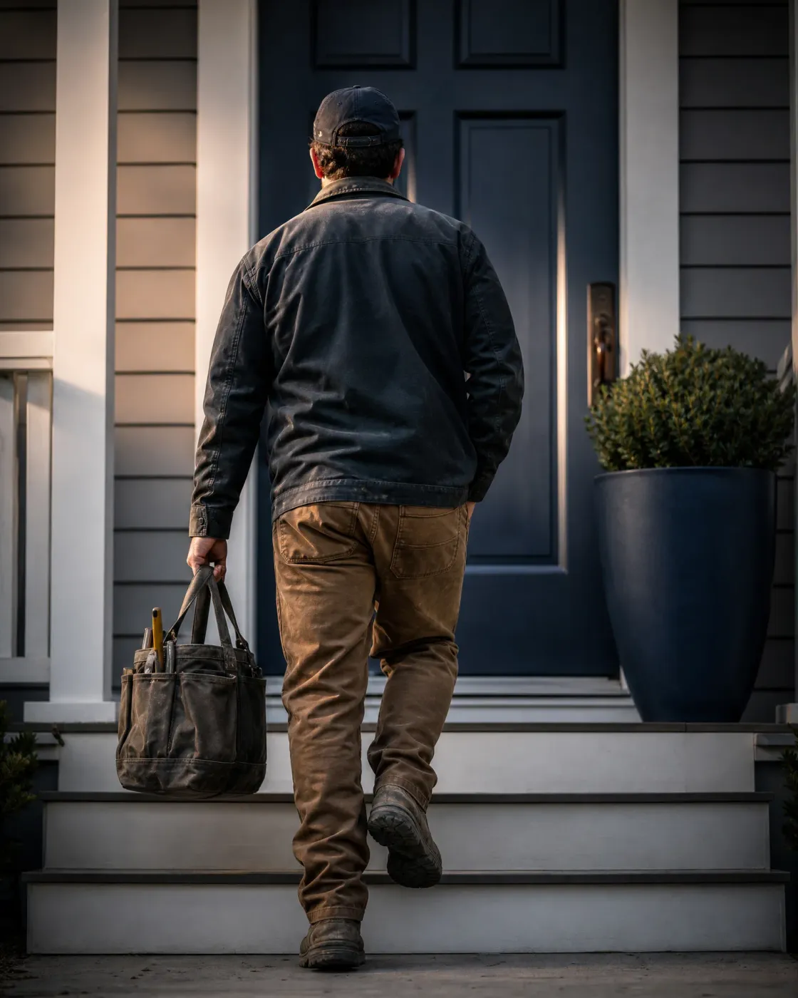 A man in a cap, dark jacket and tan work pants carries a canvas tool bag up white porch steps toward a dark blue paneled front door, with a potted shrub beside the entry.