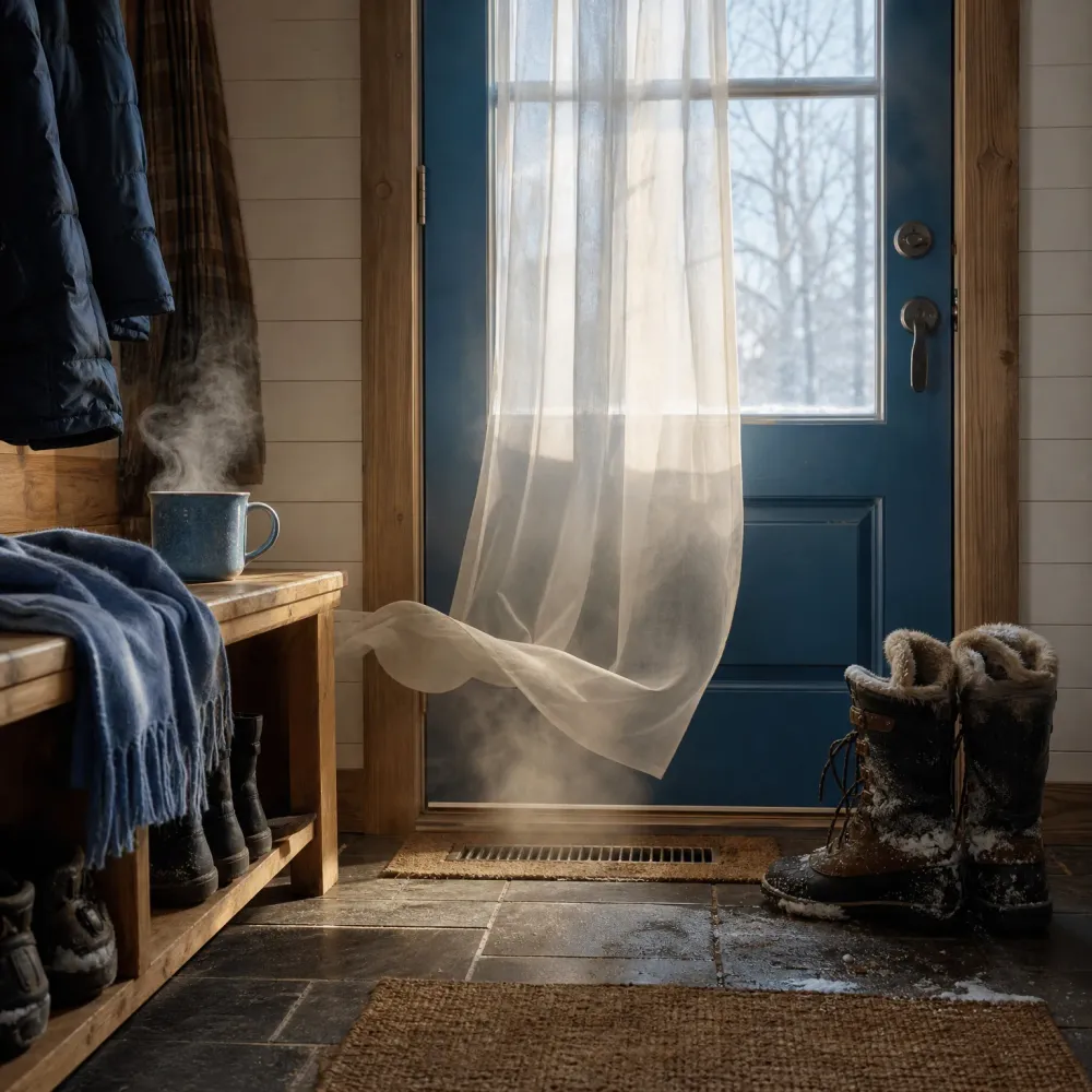 Interior entryway with a blue door with a window, a sheer curtain blowing inward, a steaming mug on a wooden bench with boots stored beneath, snow-dusted fur-lined boots on a stone floor, and a floor vent near the threshold.