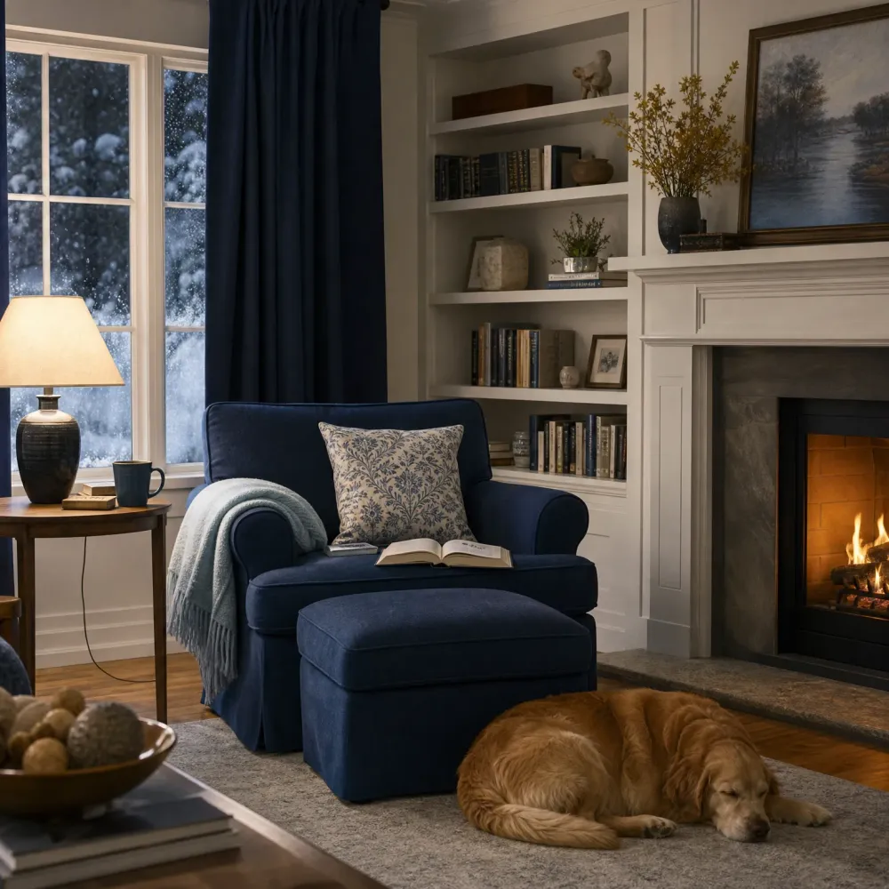 A navy upholstered armchair with ottoman, open book and throw blanket sits beside a lit fireplace and white built-in bookshelves, with a golden-colored dog lying on a gray rug and snow visible through the window.