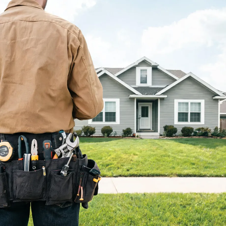 A person seen from behind in a tan jacket wearing a loaded tool belt with pliers, wrenches and a tape measure, standing on a lawn facing a gray single-story house with white trim and a covered front entry.