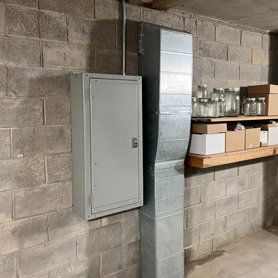 A gray metal electrical panel box mounted on a concrete block basement wall beside a galvanized sheet metal duct, with a wooden shelf holding glass jars and cardboard boxes to the right.