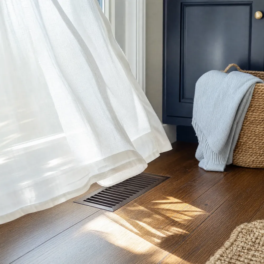 A dark metal floor register vent set in dark wood flooring beside a sheer white curtain, with a navy cabinet and a woven basket holding a light blue throw in the background.