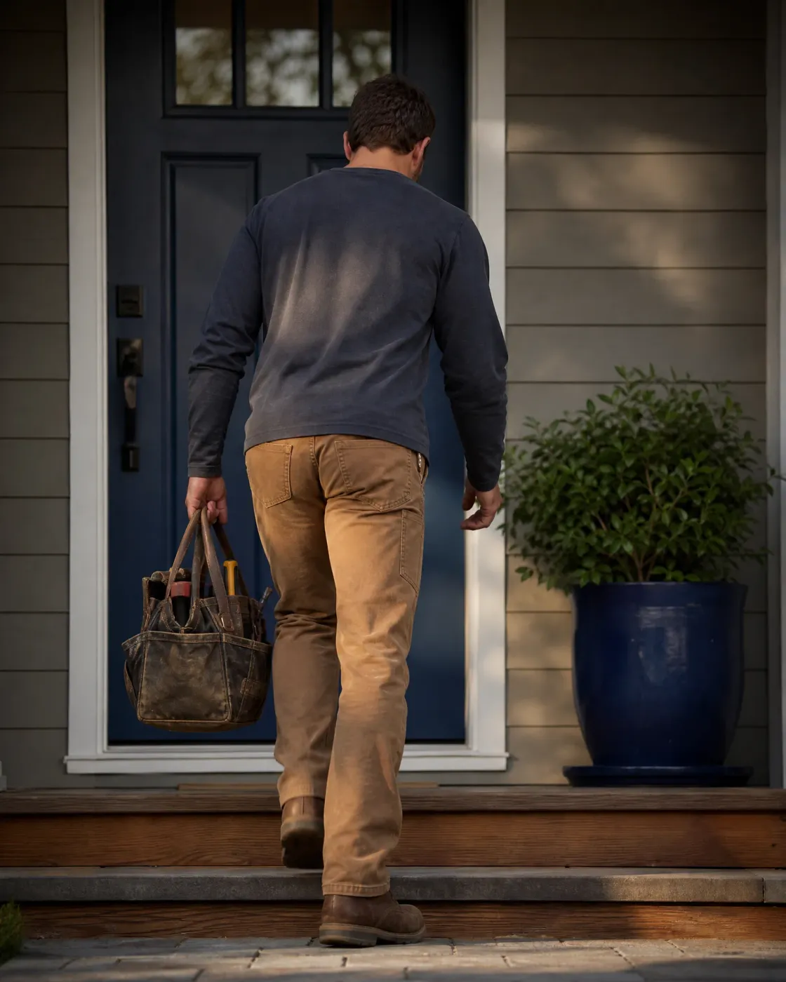 A man in a dark long-sleeve shirt and tan work pants, seen from behind, carries a worn canvas tool bag up steps toward a navy blue front door of a gray clapboard house, with a large blue planter and shrub to the right.