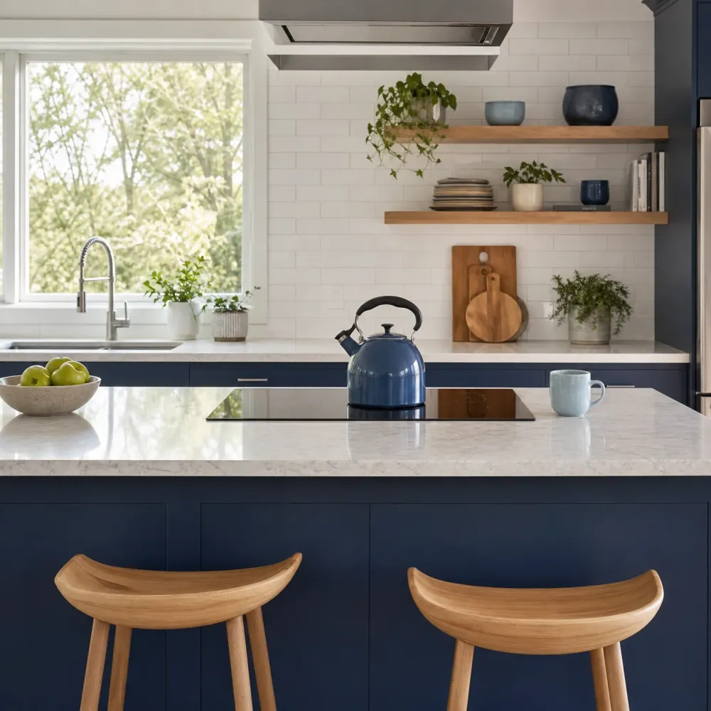 A kitchen with navy cabinets, white subway tile backsplash, wooden open shelves holding bowls and plants, a light speckled island with an induction cooktop, a blue kettle and mug, two wooden stools, and a window over the sink.