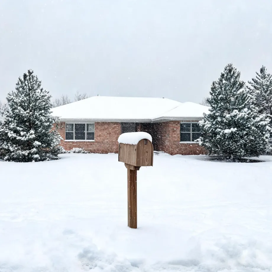 A snow-covered wooden mailbox on a post stands in a snowy yard in front of a single-story brick house flanked by snow-laden evergreen trees during falling snow.