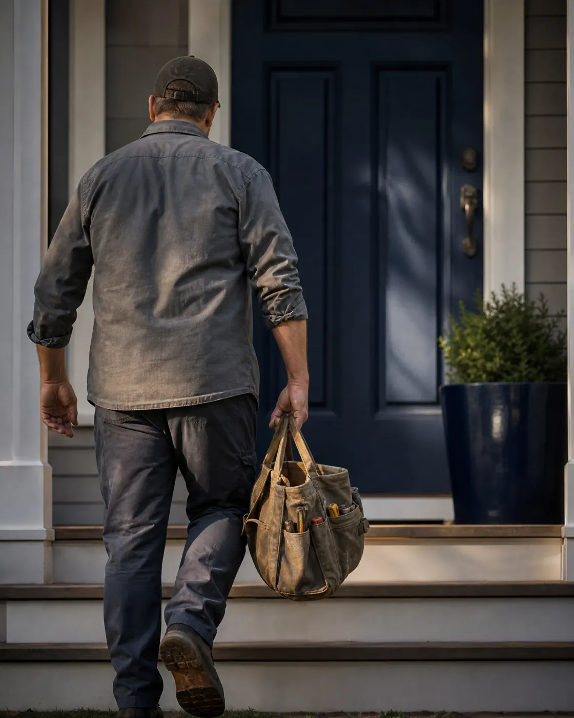 A man in a cap, gray work shirt and dark pants, seen from behind, carries a worn canvas tool bag up porch steps toward a dark navy front door beside a potted shrub.