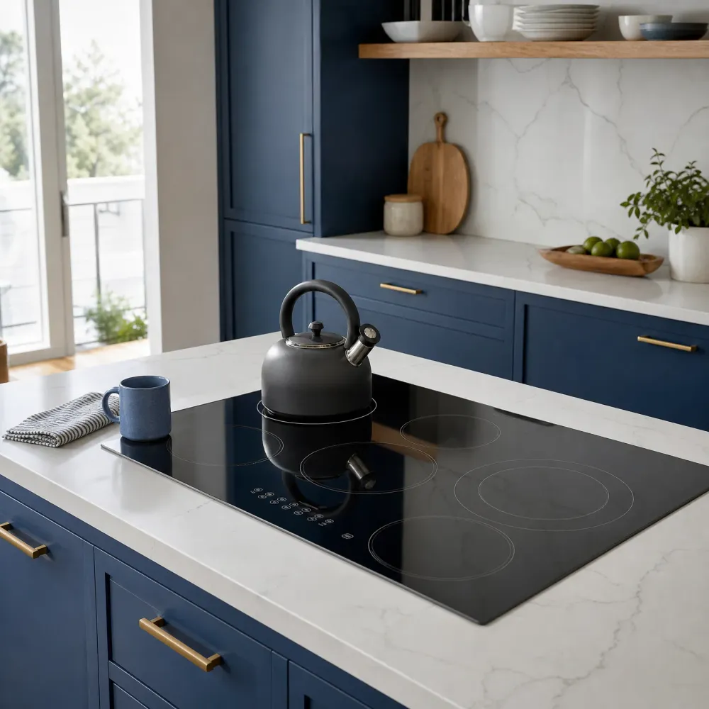 A kitchen island with a white marble-look countertop holding a black glass cooktop, a dark kettle, a blue mug and a striped towel, with navy cabinets, a marble backsplash, a wood shelf of dishes, and a window showing evergreen trees.