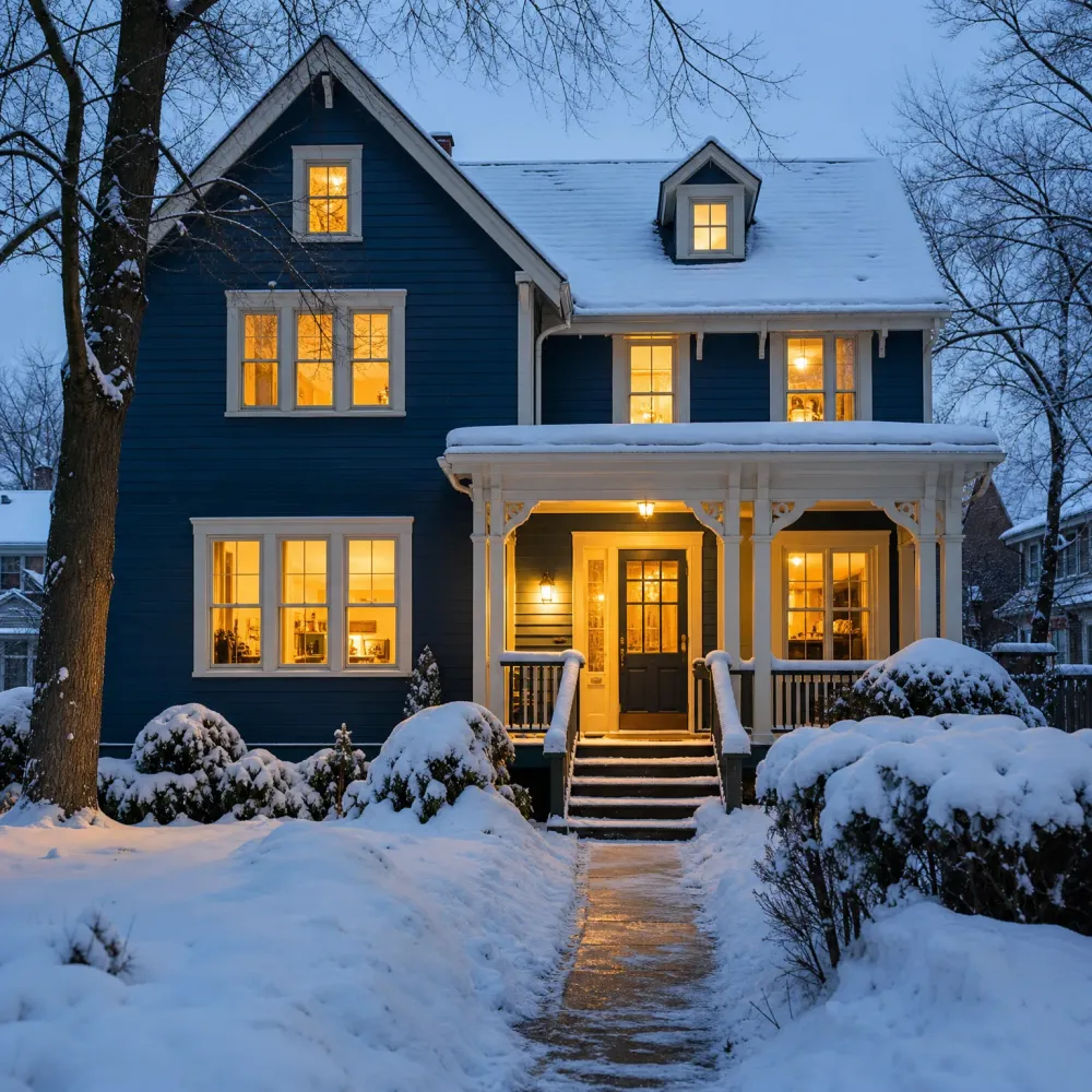 A two-story dark blue wood-sided house with white trim, a covered front porch and lit windows at dusk, surrounded by snow-covered shrubs and a shoveled walkway leading to the steps.