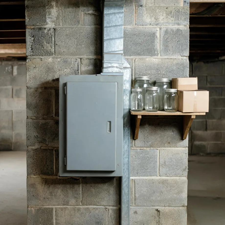 A gray electrical panel mounted on a concrete block basement wall beside a galvanized metal duct, with a wooden shelf holding empty glass canning jars and two cardboard boxes.