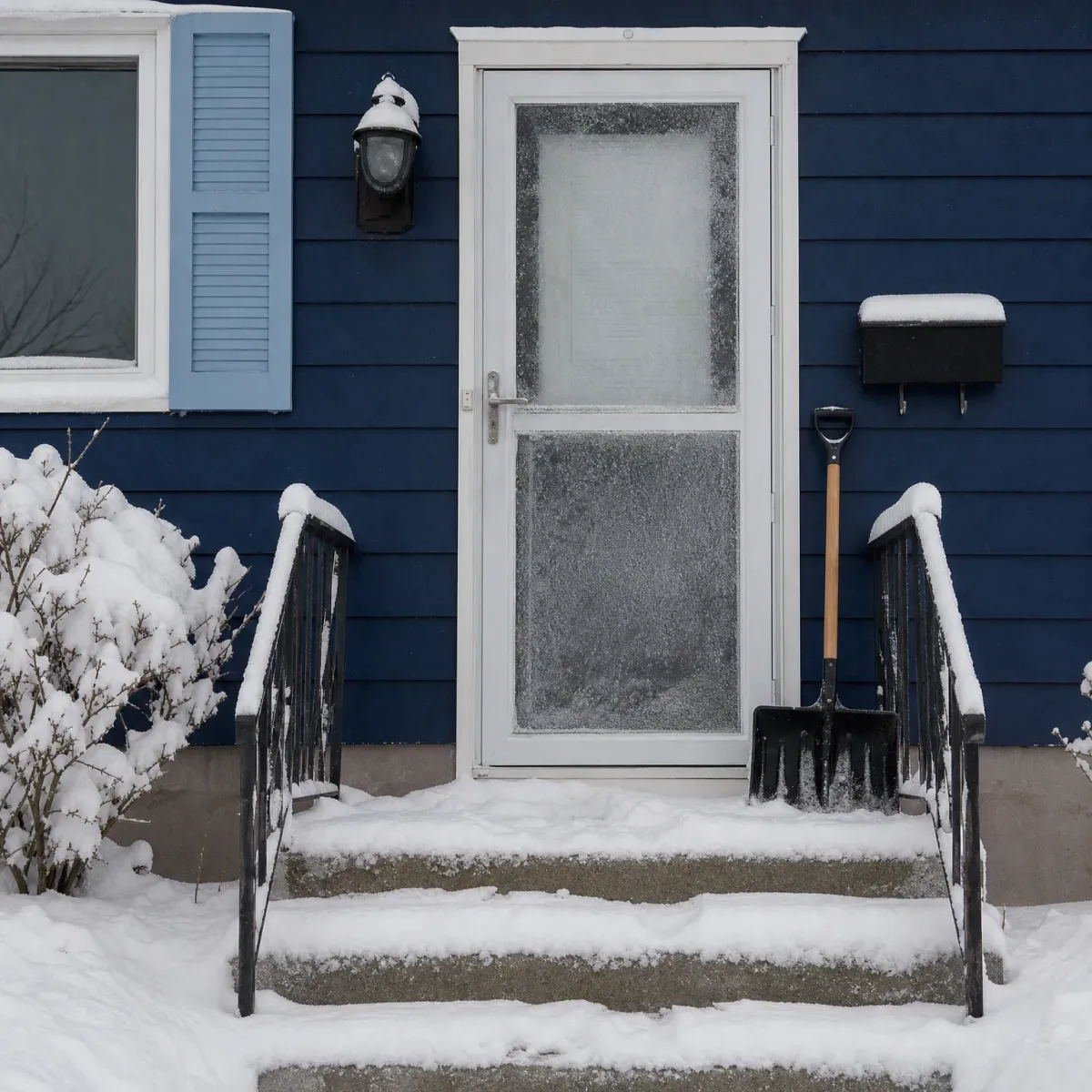 Snow-covered concrete steps and black metal railings lead to a white storm door on a dark blue clapboard house, with a snow shovel leaning at right and a snow-laden shrub at left.