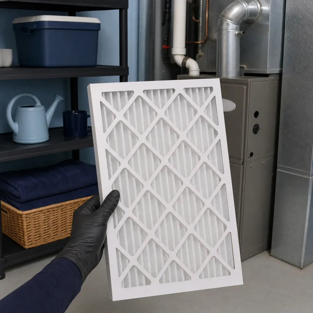 A gloved hand holds a white pleated air filter in front of a furnace and ductwork, with shelving holding a storage bin, watering can, mug, folded towels and a basket in the background.