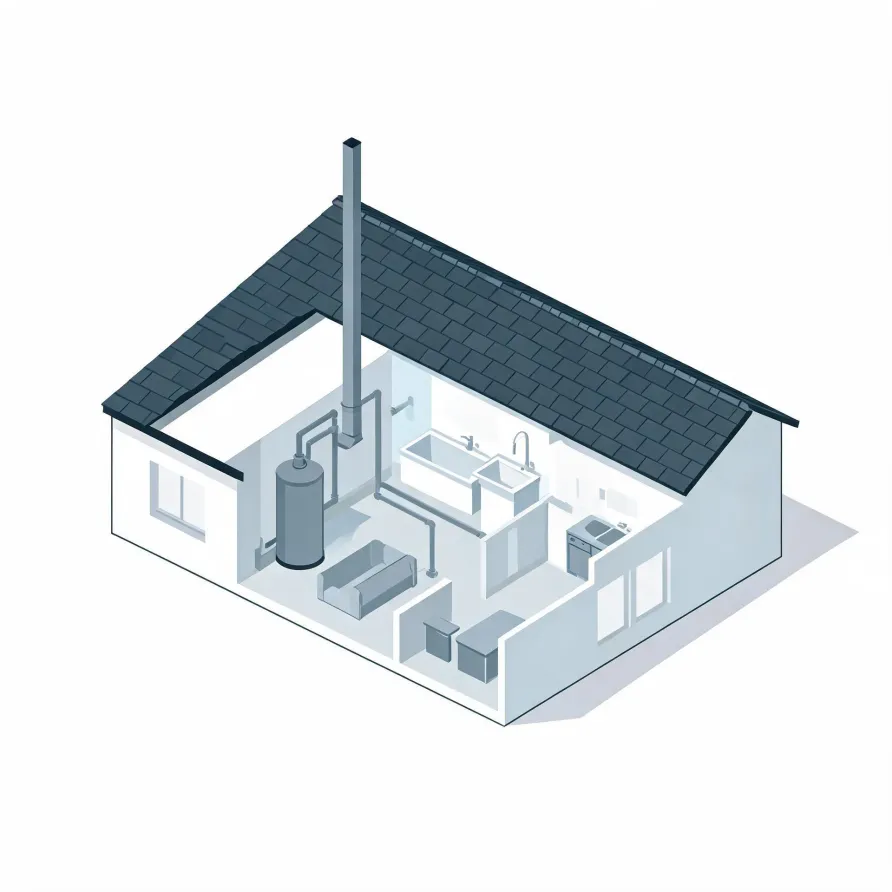 Isometric cutaway illustration of a small single-story house with a dark shingled roof, showing an interior with a cylindrical water heater, pipes, a tall flue, sinks, counters and appliances.