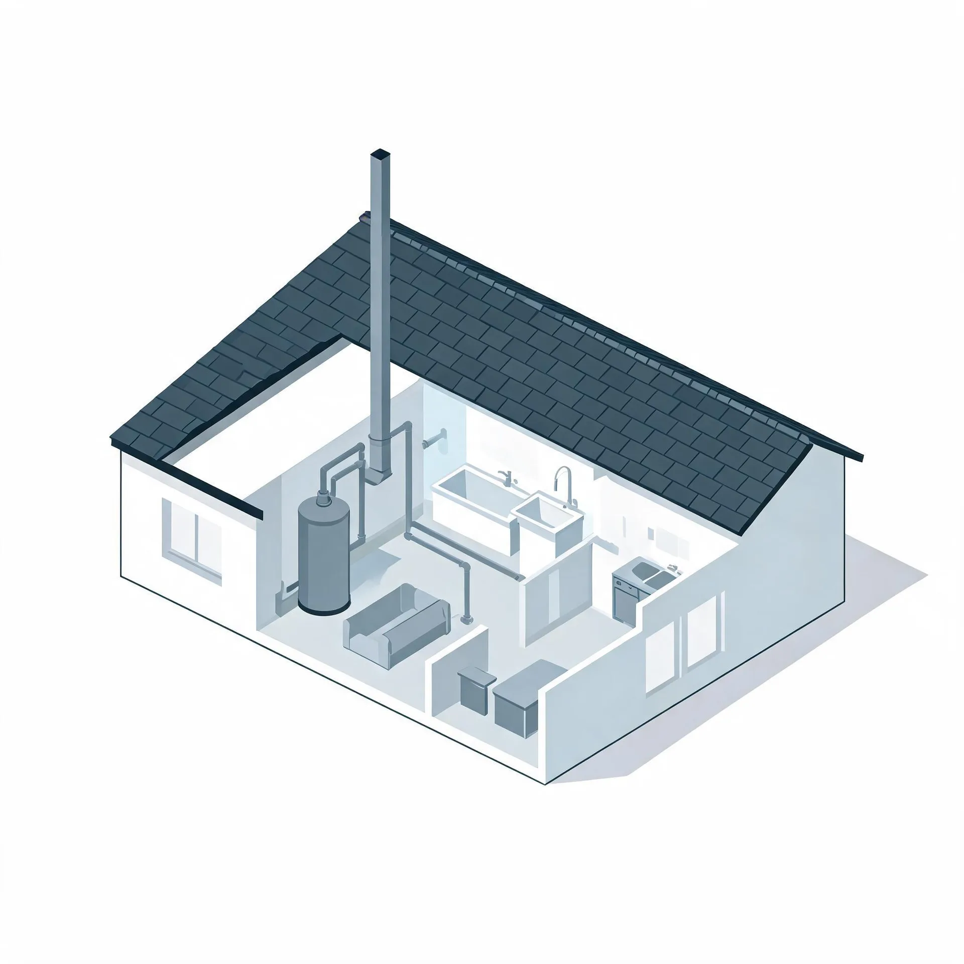 Isometric cutaway illustration of a small single-story house with a dark shingled roof, showing an interior with a cylindrical water heater, pipes, a tall flue, sinks, counters and appliances.