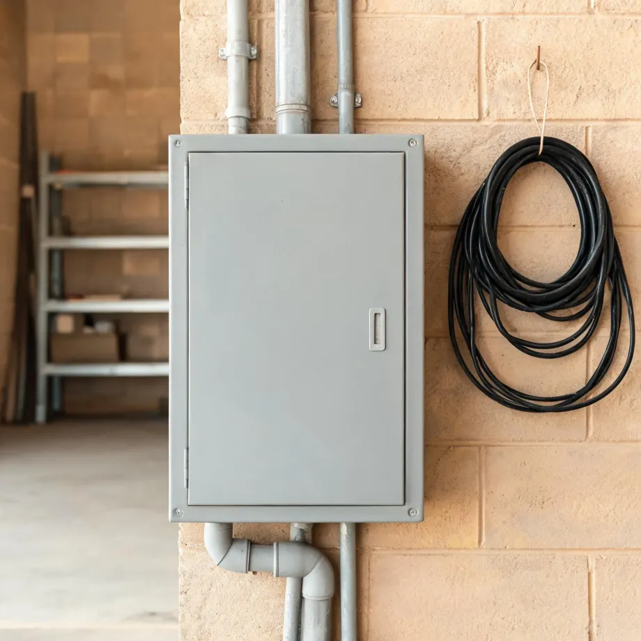 A closed gray electrical panel box mounted on a tan concrete block wall with conduit pipes running above and below it, and a coiled black cable hanging from a hook to the right.