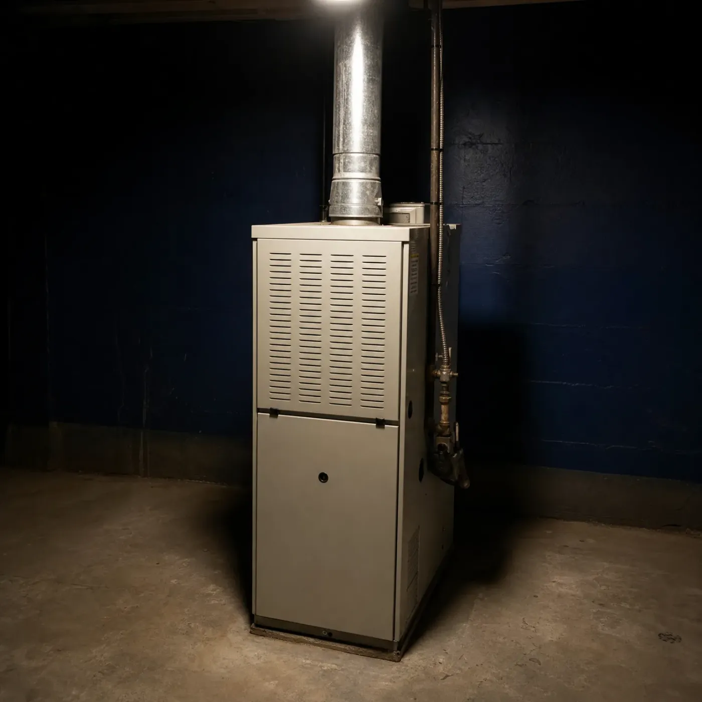 A beige residential furnace with a metal flue pipe rising to the ceiling stands against a dark blue painted basement wall on a concrete floor.