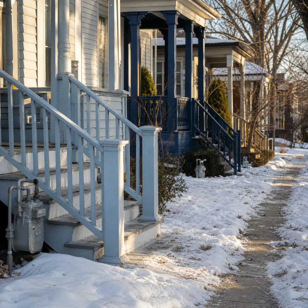 Front porch steps with light blue painted railings on a clapboard house, beside a cleared sidewalk bordered by snow, with a dark blue porch on a neighboring house and bare trees in the background.