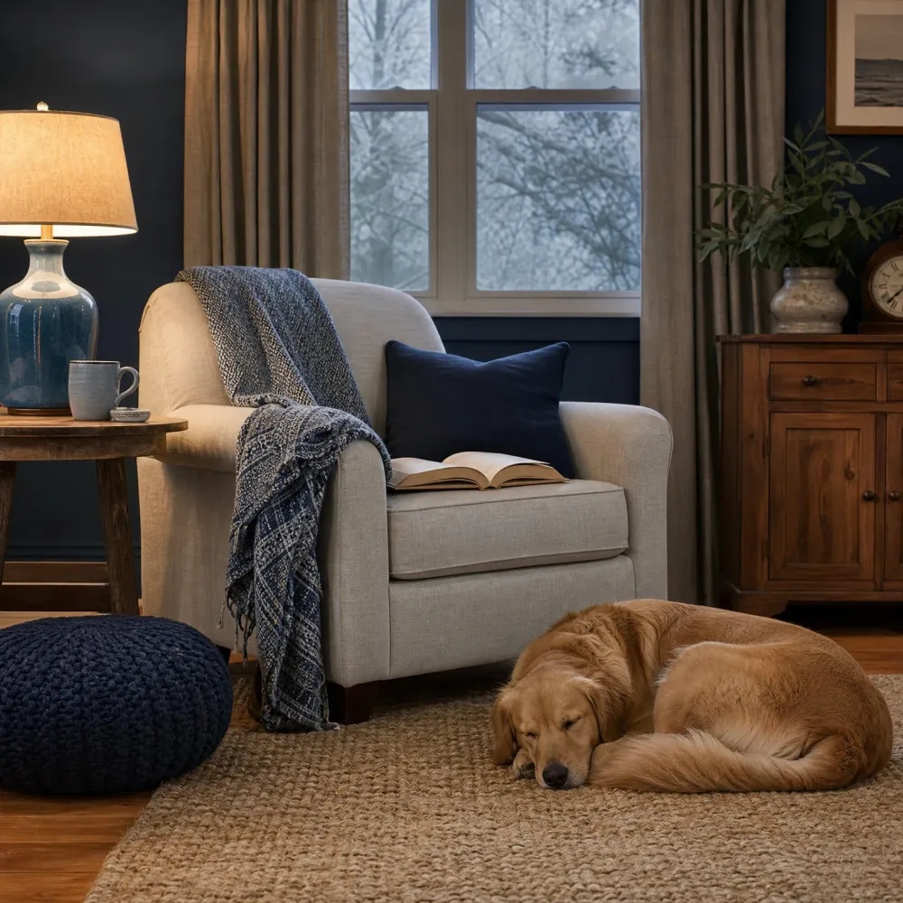 A golden retriever sleeps curled on a woven jute rug beside a light gray armchair holding a navy pillow, an open book and a blue knit throw, with a table lamp, navy knit pouf, wooden cabinet and curtained window nearby.