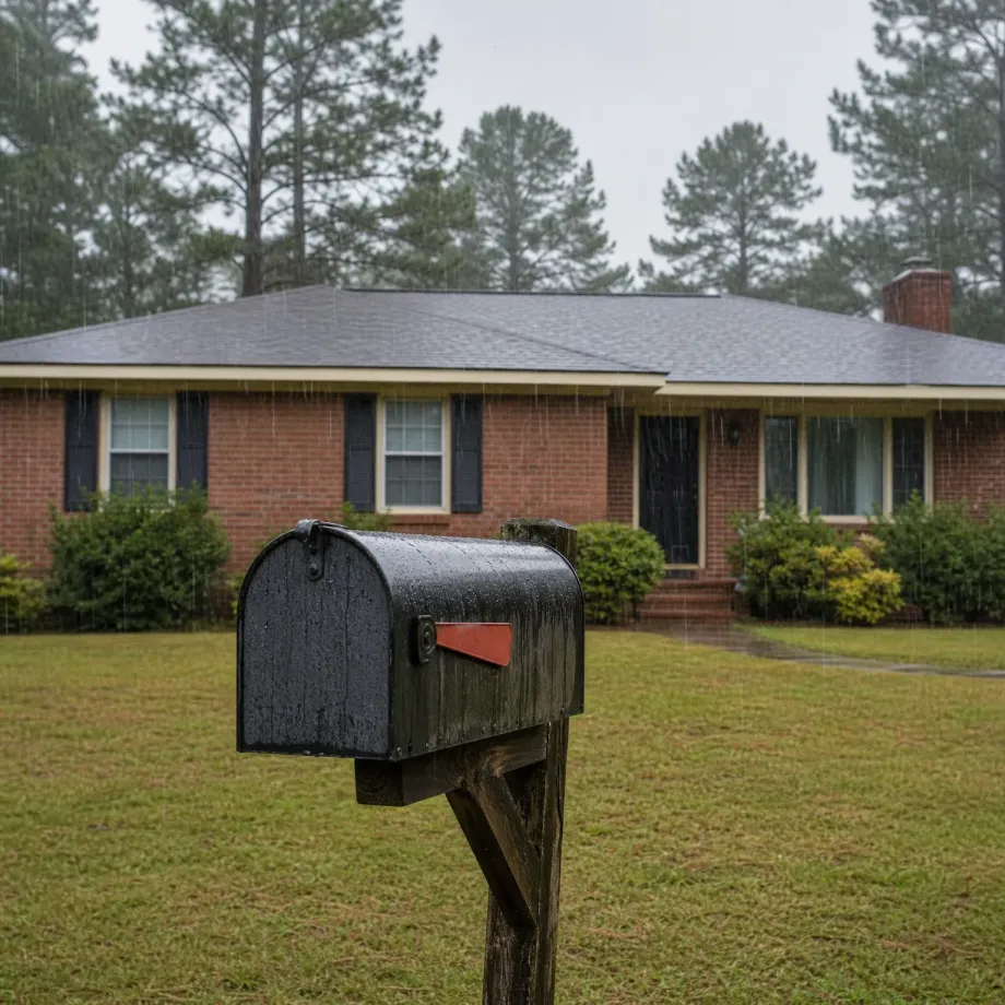 A black mailbox with a red flag on a weathered wooden post stands in a grassy yard in front of a single-story red brick house with dark shutters and a gray shingled roof, with pine trees behind it under an overcast sky and visible rain.