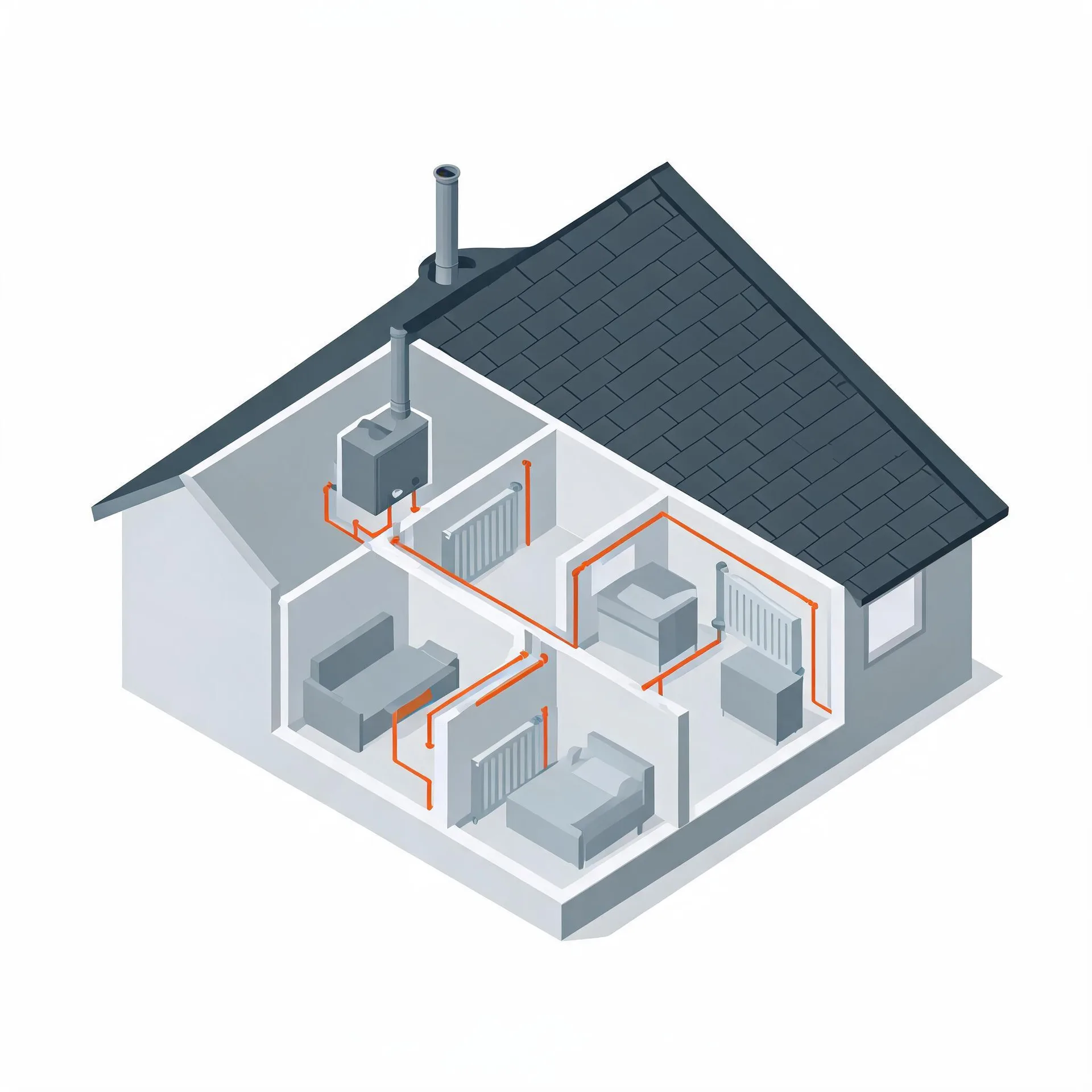 Isometric cutaway illustration of a single-storey house showing a wall-mounted boiler with a flue connected by orange pipes to radiators in several furnished rooms under a dark shingled roof.