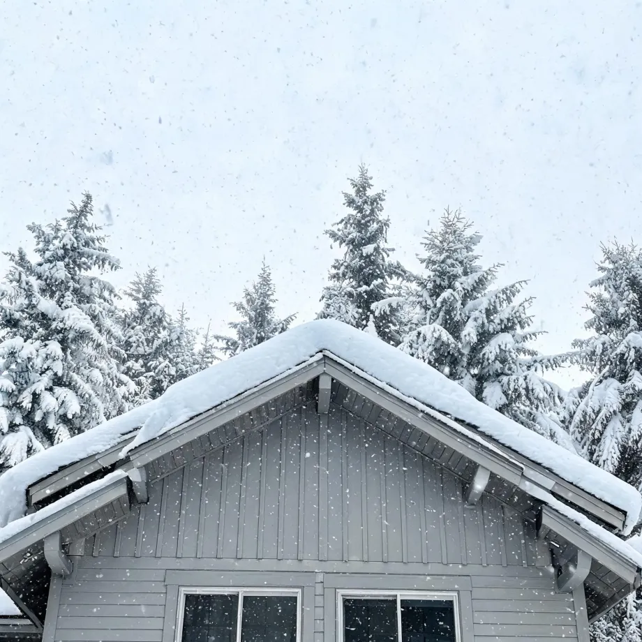 Upper gable of a gray board-and-batten house with a snow-covered roof, framed by snow-laden conifers under a pale sky with falling snowflakes.