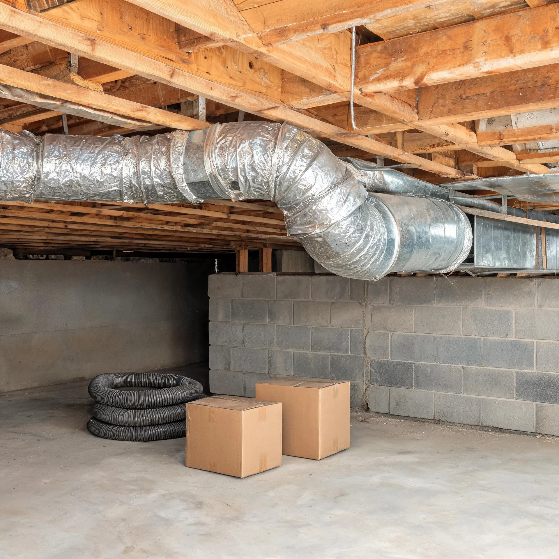 Unfinished basement or crawl space with exposed wooden floor joists, insulated flexible and metal ductwork, a concrete block wall, a coiled black corrugated pipe, and two cardboard boxes on a concrete floor.