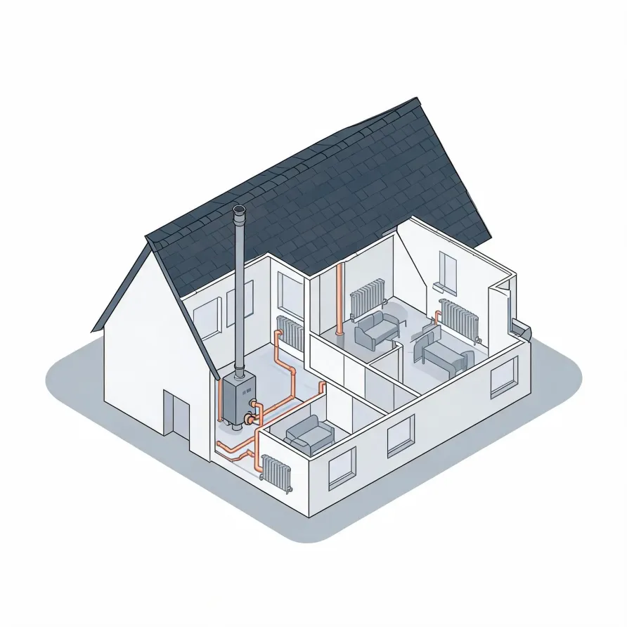Isometric cutaway illustration of a two-story house showing a boiler with flue pipe connected by orange pipes to radiators in several rooms containing simple furniture.