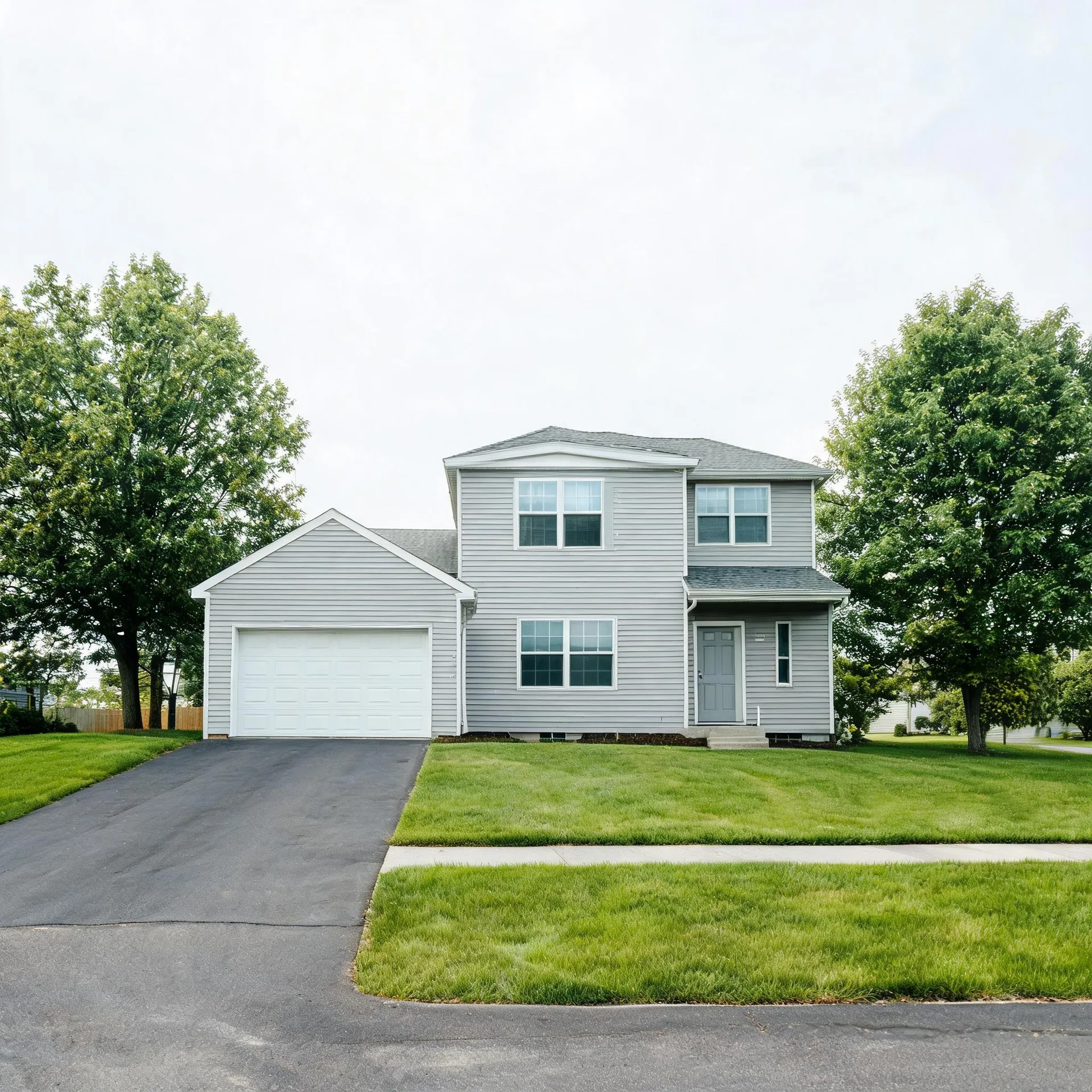 Two-story house with light gray vinyl siding, an attached two-car garage with a white door, an asphalt driveway, mowed lawn, and large deciduous trees on either side under an overcast sky.