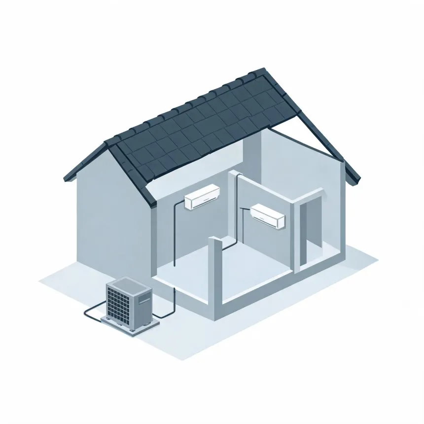 Isometric illustration of a cutaway house with a dark tiled gable roof, showing two wall-mounted indoor split air conditioning units connected by lines to an outdoor condenser unit on the ground outside.