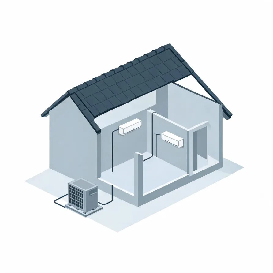 Isometric illustration of a cutaway house with a dark tiled gable roof, showing two wall-mounted indoor split air conditioning units connected by lines to an outdoor condenser unit on the ground outside.