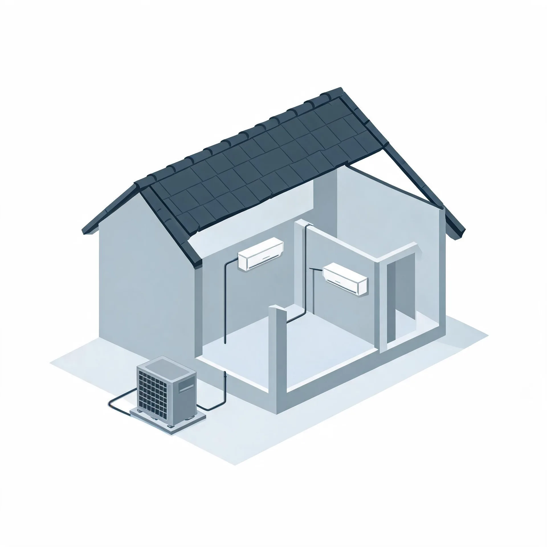 Isometric illustration of a cutaway house with a dark tiled gable roof, showing two wall-mounted indoor split air conditioning units connected by lines to an outdoor condenser unit on the ground outside.