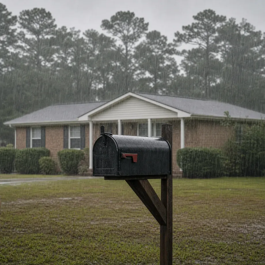 A black mailbox with a red flag on a wooden post stands in a grassy yard during heavy rain, with a single-story brick house and tall pine trees behind it.