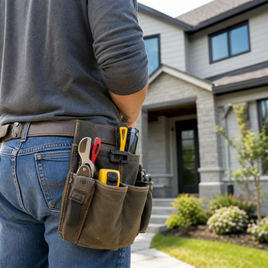 Close-up from behind of a person in a gray long-sleeve shirt and jeans wearing a canvas tool pouch on a leather belt, standing in front of a two-story house with gray siding, stone facade and a dark front door.