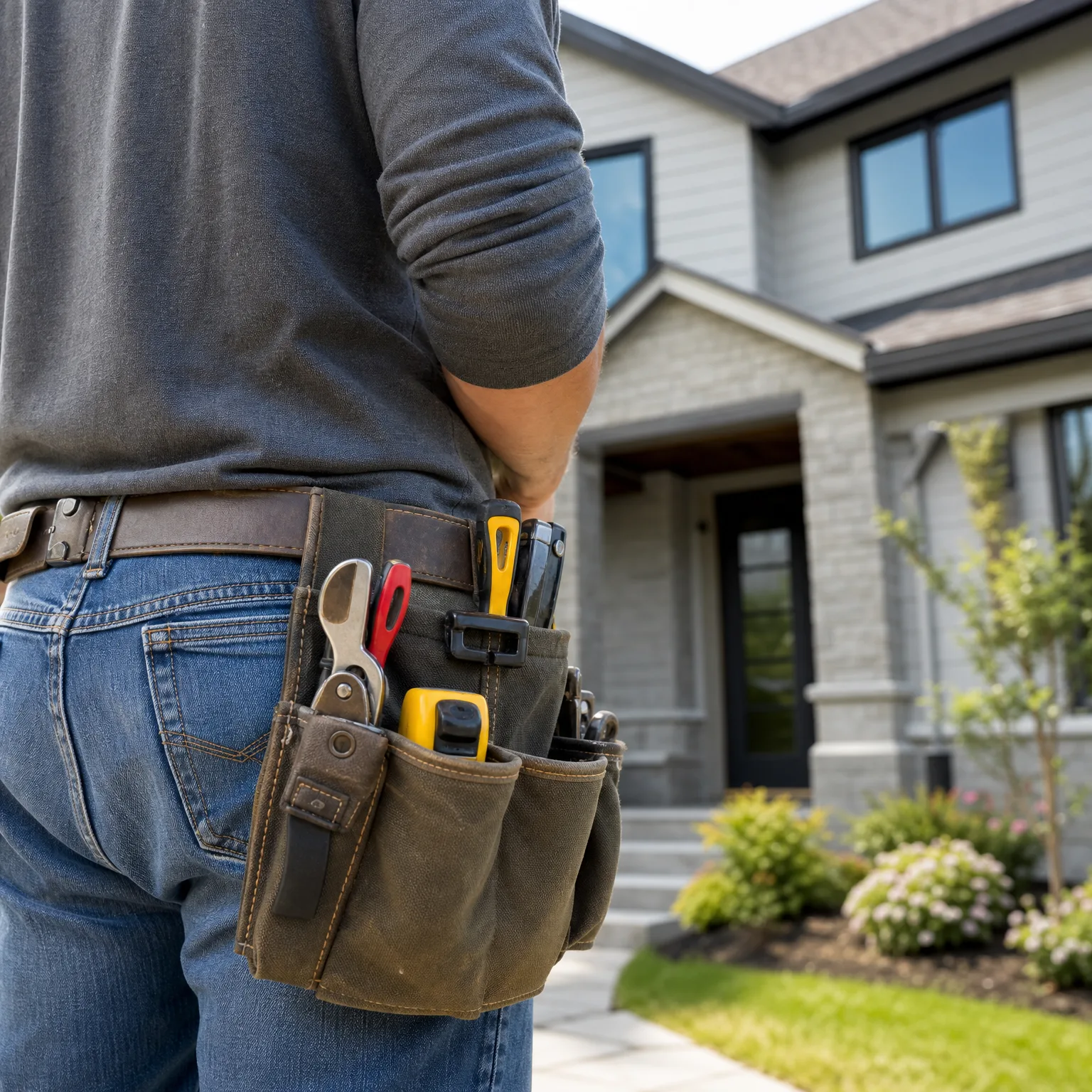 Close-up from behind of a person in a gray long-sleeve shirt and jeans wearing a canvas tool pouch on a leather belt, standing in front of a two-story house with gray siding, stone facade and a dark front door.