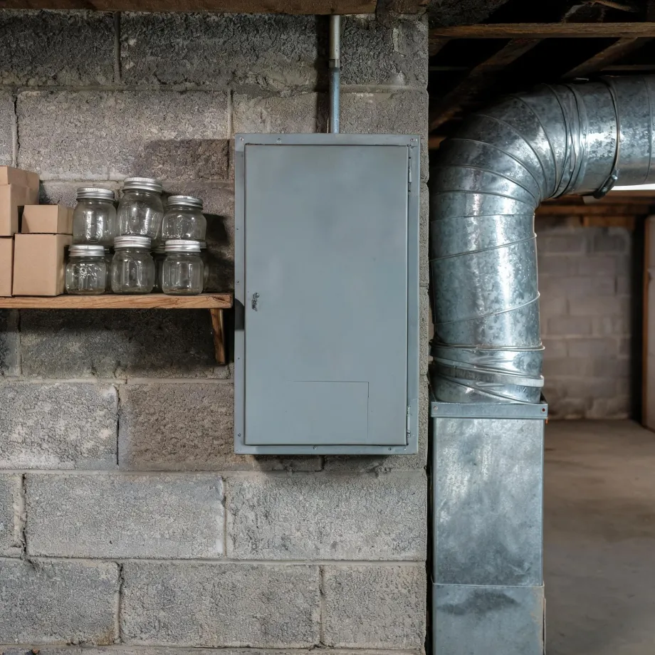 A gray electrical panel box mounted on a concrete block basement wall, with a wooden shelf holding empty glass jars and cardboard boxes to the left and galvanized metal ductwork running along the right side.