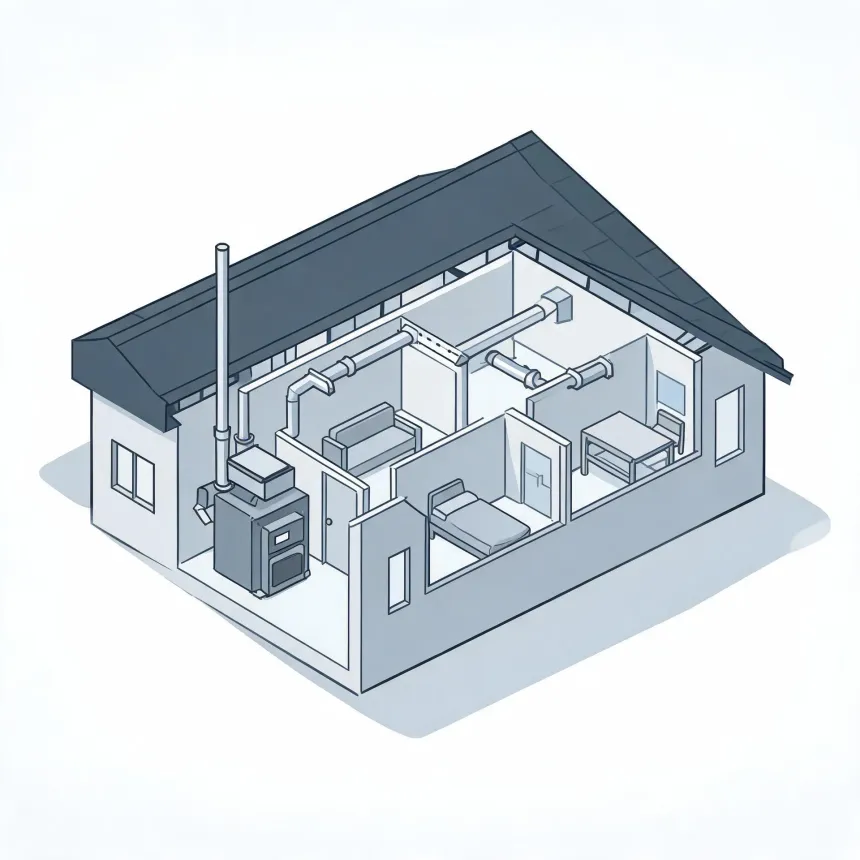 Isometric cutaway illustration of a single-story house showing interior rooms with furniture, overhead ducting, a flue pipe, and a furnace unit against an interior wall.