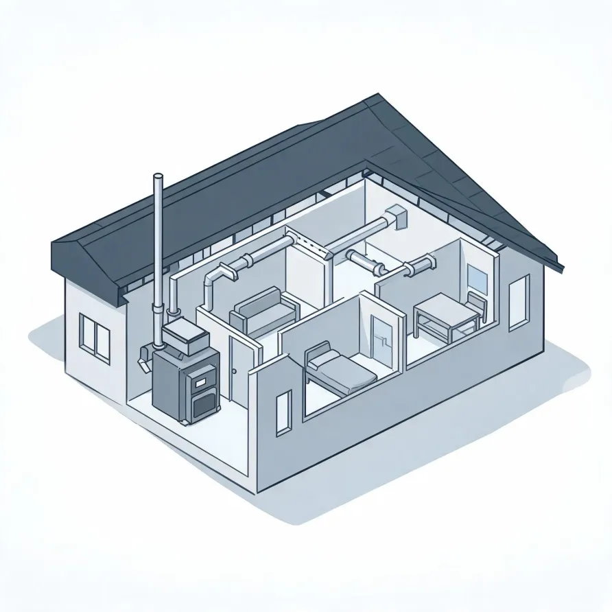 Isometric cutaway illustration of a single-story house showing interior rooms with furniture, overhead ducting, a flue pipe, and a furnace unit against an interior wall.