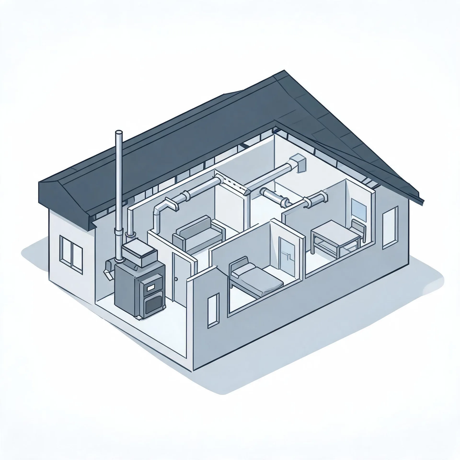 Isometric cutaway illustration of a single-story house showing interior rooms with furniture, overhead ducting, a flue pipe, and a furnace unit against an interior wall.