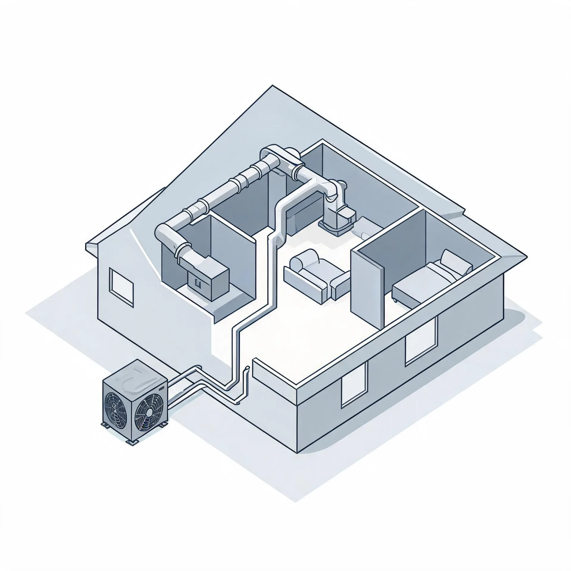 Isometric line illustration of a cutaway house showing interior rooms with furniture, ceiling ductwork, and an outdoor condenser unit connected by lines along the exterior wall.