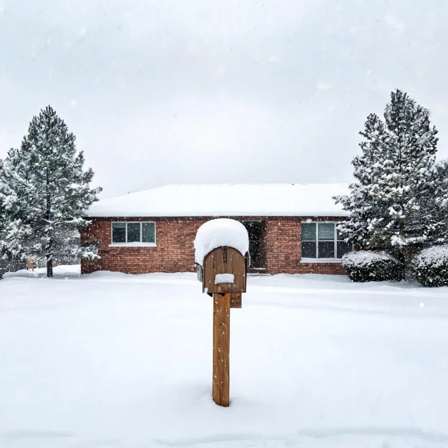 A snow-covered wooden mailbox on a post stands in a deep snowy yard in front of a single-story brick house flanked by snow-laden pine trees during falling snow.