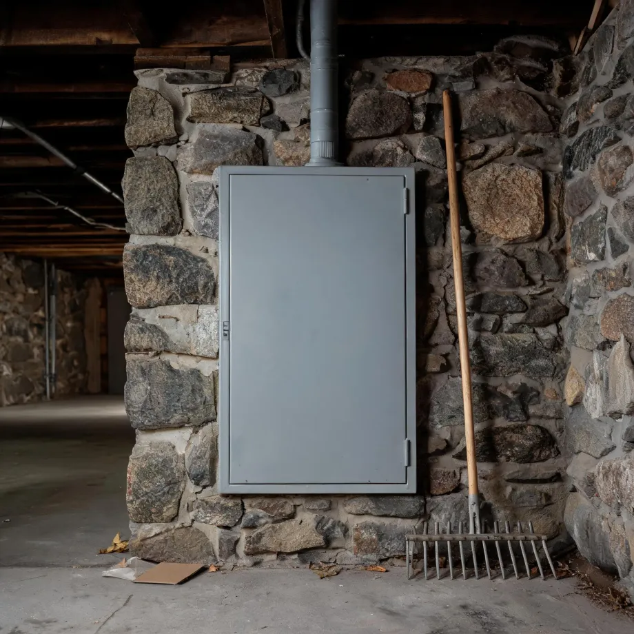A gray metal electrical panel cabinet mounted on a stone basement wall with a metal duct above it and a wooden-handled rake leaning to the right.